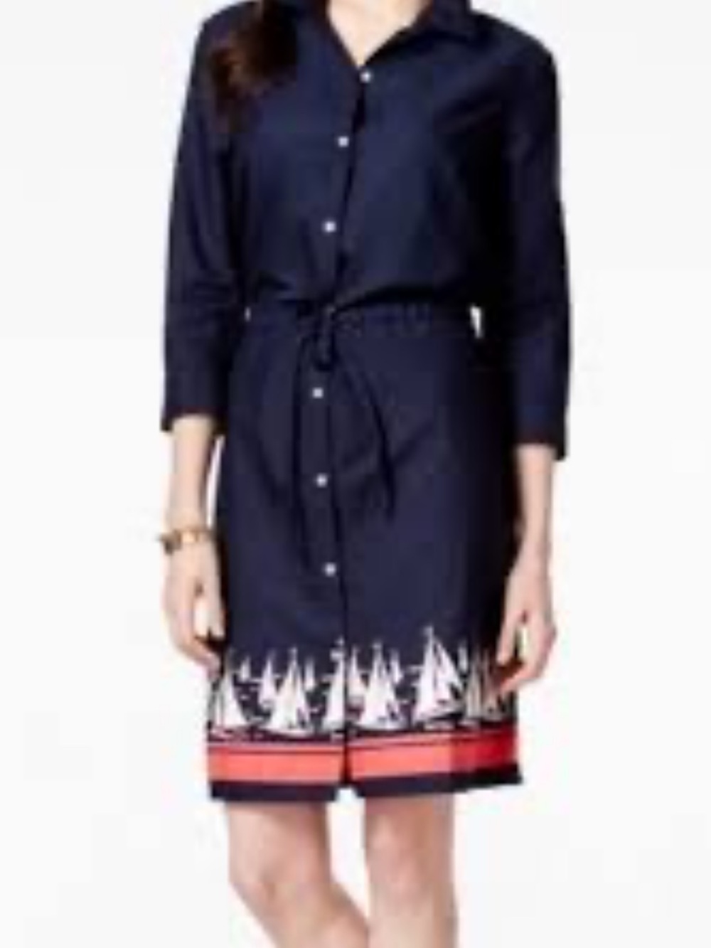 Tommy Hilfiger Nautical Sailboat Shirt Dress Navy Blue Tie Waist Cotton Medium